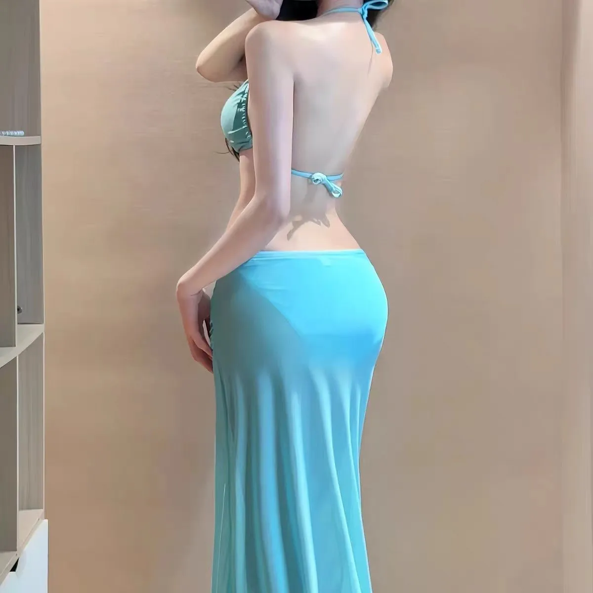 Swimwear Woman Bikini Sets Halter Top Light Blue Bikinis Starfish Swimsuit Ruched High Cut Two Piece Swimsuit Adjustable