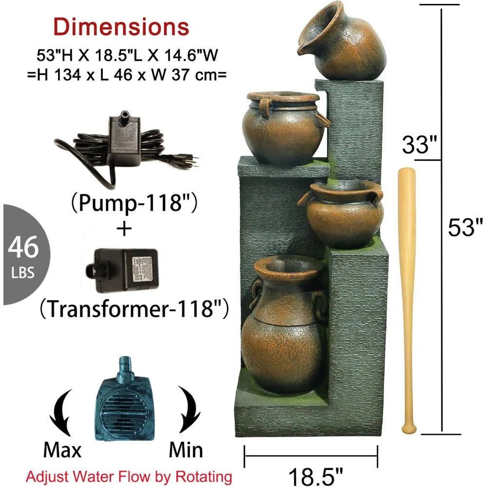 53''H Water Fountain Outdoor Garden Fountain Large- 4 Tiered Cascading Bowls and Outdoor Fountains and Waterfalls with Lights fo