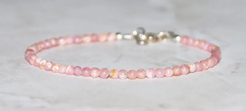 Rhodochrosite Sterling Silver Heart Bracelet, Pink Gemstone Bead Skinny Stacking Bracelet, Recovery Healing Gift for Her