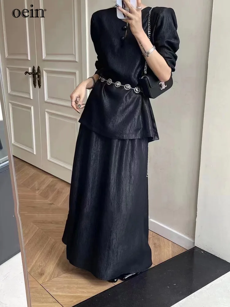 [oein]  New Chinese Fashion Set Solid Color Flow Segment Round Neck Sleeve Top Women's High Waist A-line Long Dress