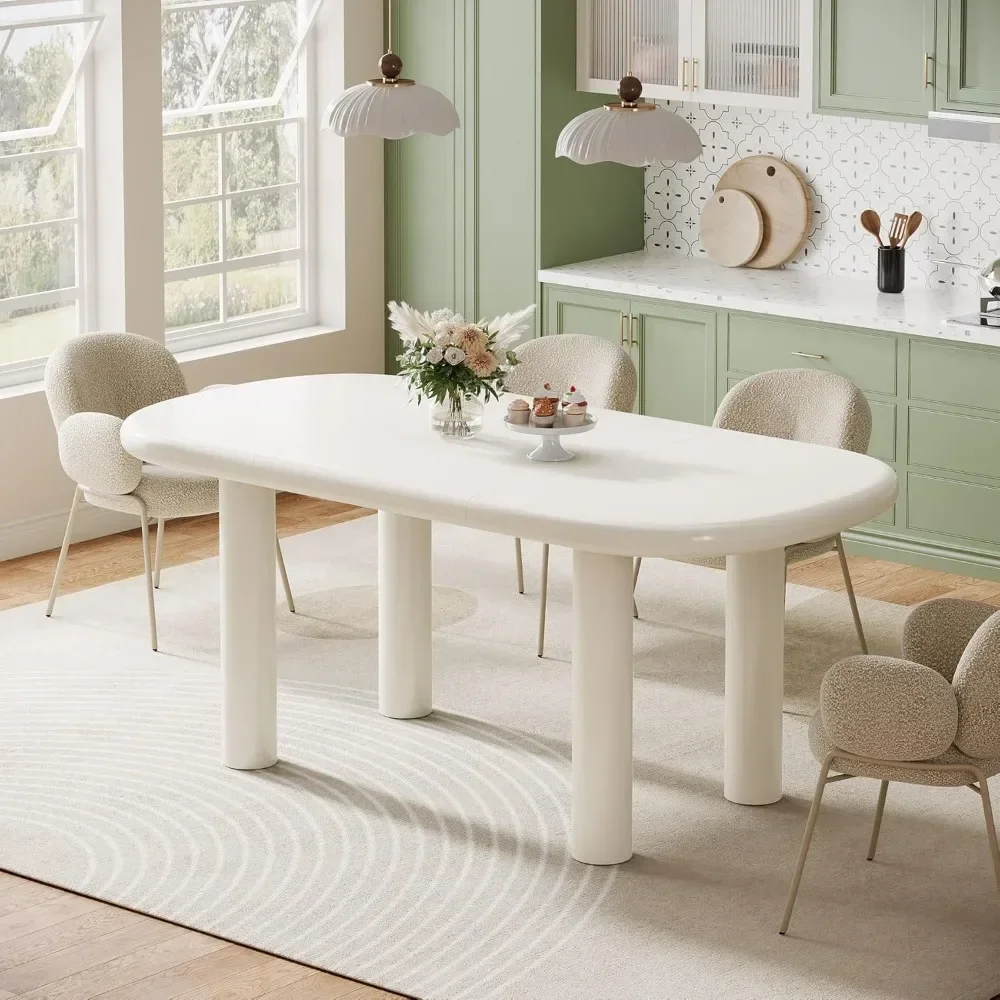 Ovale Eettafel Voor 6 Personen, 63-Inch Moderne Crèmekleurige Witte Keukentafel, Houten Eettafel Met Cilindrische Poten (Alleen Tafel)