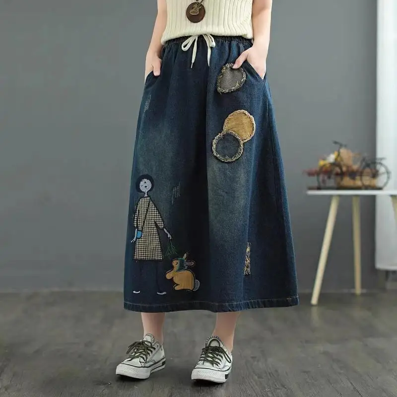 

Summer Elastic Waist Denim Skirt Slit Skirt Slim a Line Skirt Retro Embroidery Lady Clothes Korean Style Women Fashion Female