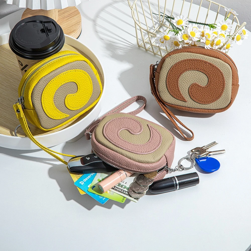 Soft Leather Swiss Roll Design Zipper Coin Pouch Portable Change organizer Coin Purse For Keys Earbuds Small Daily Stuff Storage