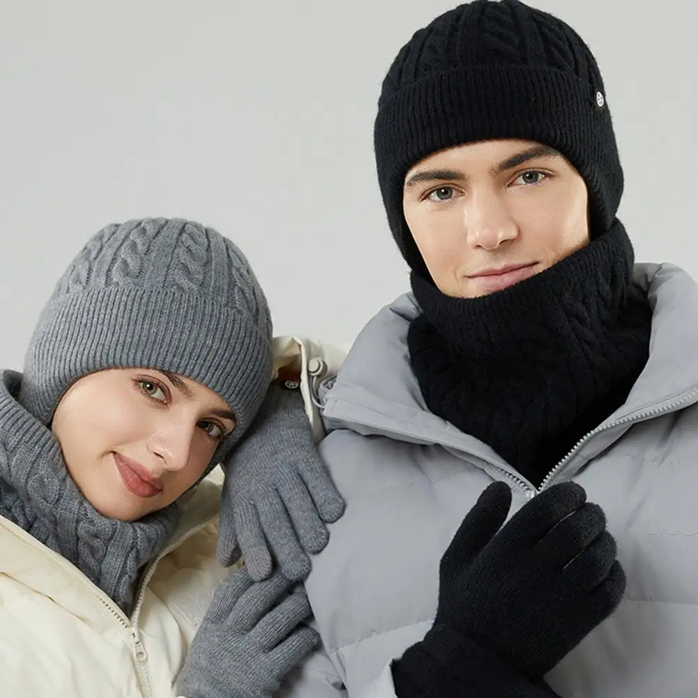 Touch Screen Gloves Mid aged Women Winter Hat Scarf Gloves Set Thick Knitted Ear Cap Stretchy Windproof Dome Beanie