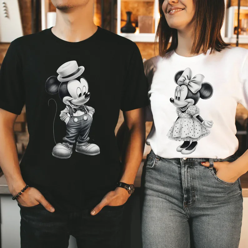 Nueva camiseta Vintage de Mickey y Minnie para parejas, camiseta nostálgica de Disney, camiseta de Mickey Mouse Disneyland, camisetas con silueta de Disney, camisetas Unisex