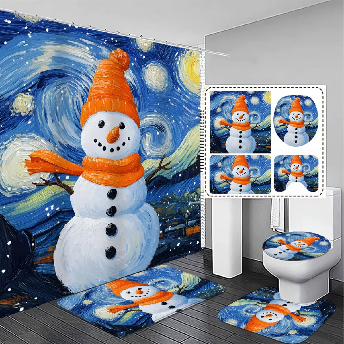 

4 шт. Ван Гог Звездная ночь Снеговик и синий набор для ванной комнаты — нескользящие коврики, чехол для унитаза и занавеска для ванной с крючками