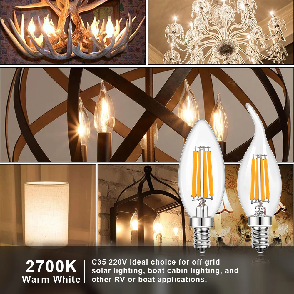 Vintage C35 Led Bulb Warm White 4W 6W 220V E14 Filament Candle Lamp Dimmable Pendant Chandelier Replaceable Light Bulbs Decor