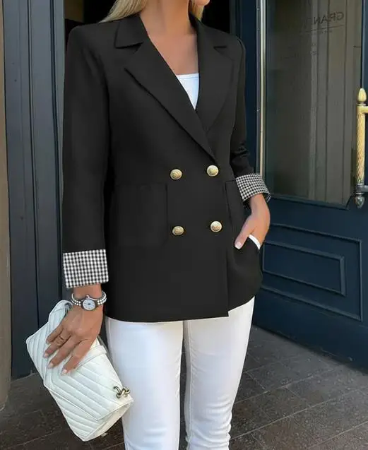 

Women's Blazer 2025 New Notched Collar Double Breasted Colorblock Plaid Print Cuffs Blazer Casual Pockets Design Commuting Coat