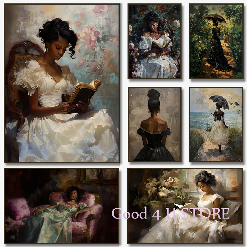 Vintage Victorian African Black Women Reading Books Baroque Poster Canvas Painting Wall Pictures Dark Moody Antique Home Decor