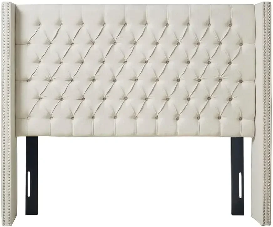 Amelia Upholstered Headboard | Nail Head Trim Wingback Button Tufted | Queen, Cream