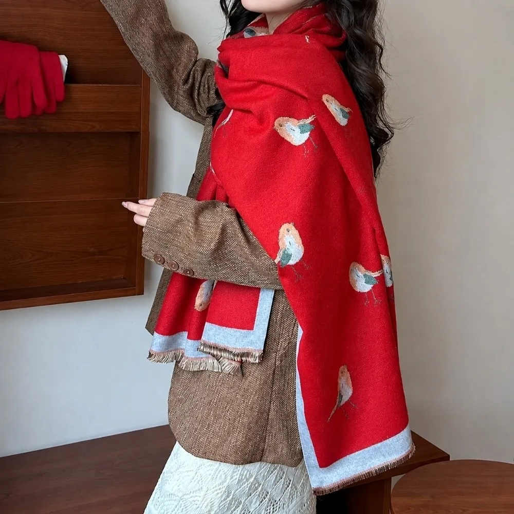Imitation Pashmina Winter Color Block Elegant Printing Cozy Texture Thick Warm Wraps Vibrant Shades Tassel Trim