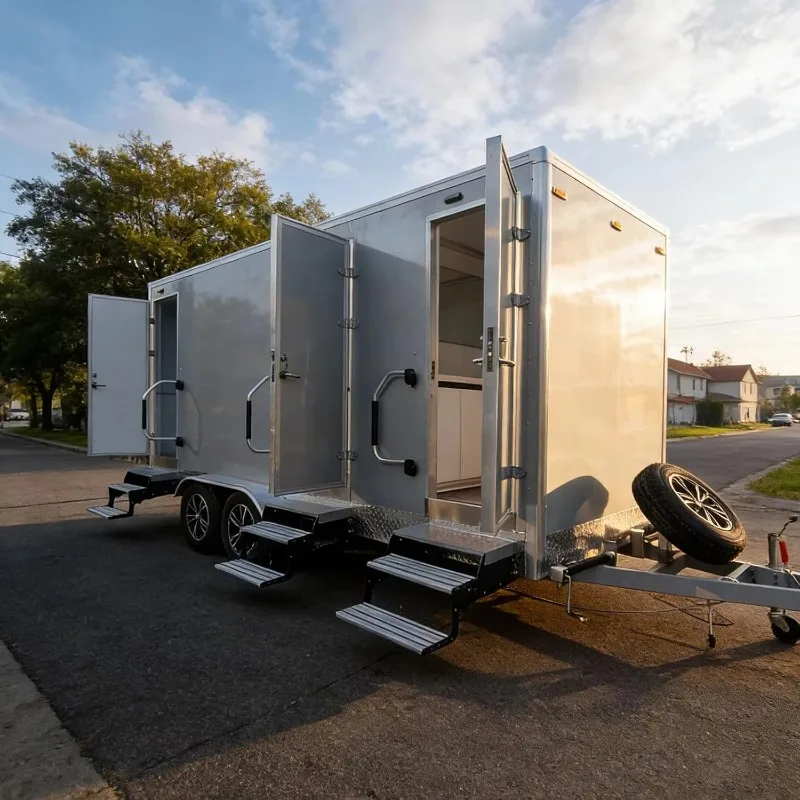 Luxury ADA Restroom Trailer Heated, Portable Shower Toilet Cool Air System, for Outdoor Weddings Construction Sites