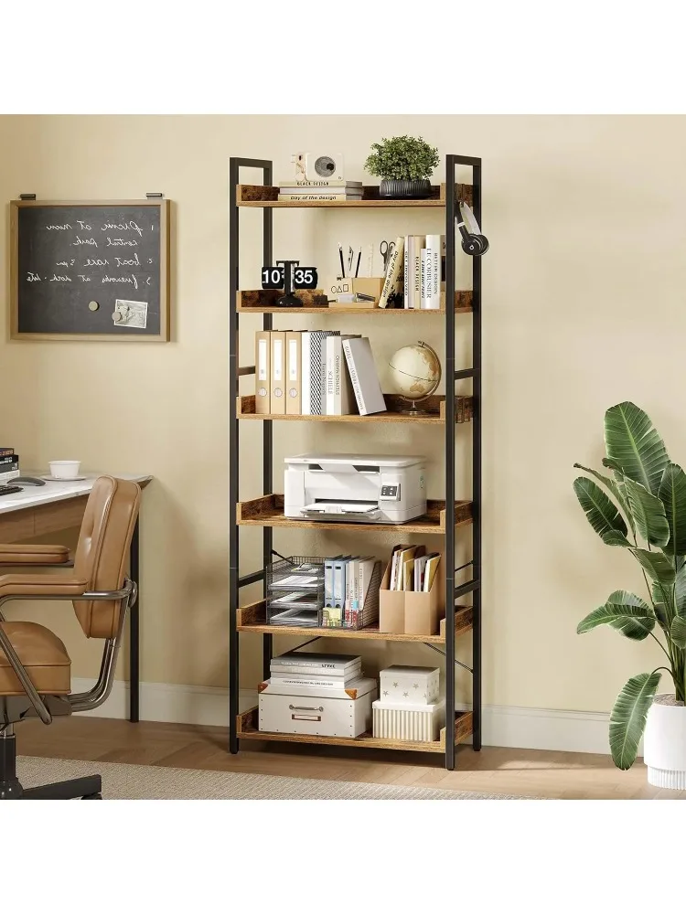 خزانة كتب ذات 6 أرفف على الطراز الصناعي مع 4 خطافات، وحدة تخزين خشبية عتيقة، رفوف ريفية مفتوحة للكتب والديكور #6