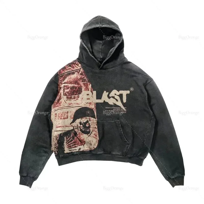 

♥ New 2026 Retro Coats Streetwear Gothic Casual Alphabet Blast Print Pattern Skull Fashion Hoodie Men Haraj ★Bear House