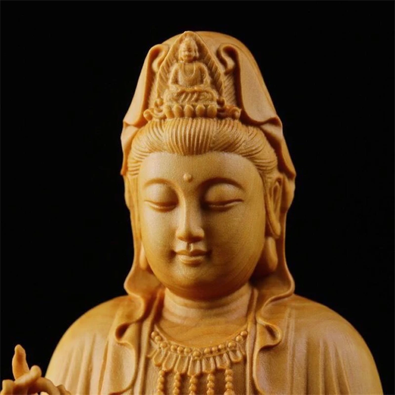 Figurine de bodhisattva Guanyin Carimplantée en bois, sculpture de bouddha, artisanat porte-bonheur, statue d'Avalokitesvara pour la décoration de la maison, 4 po