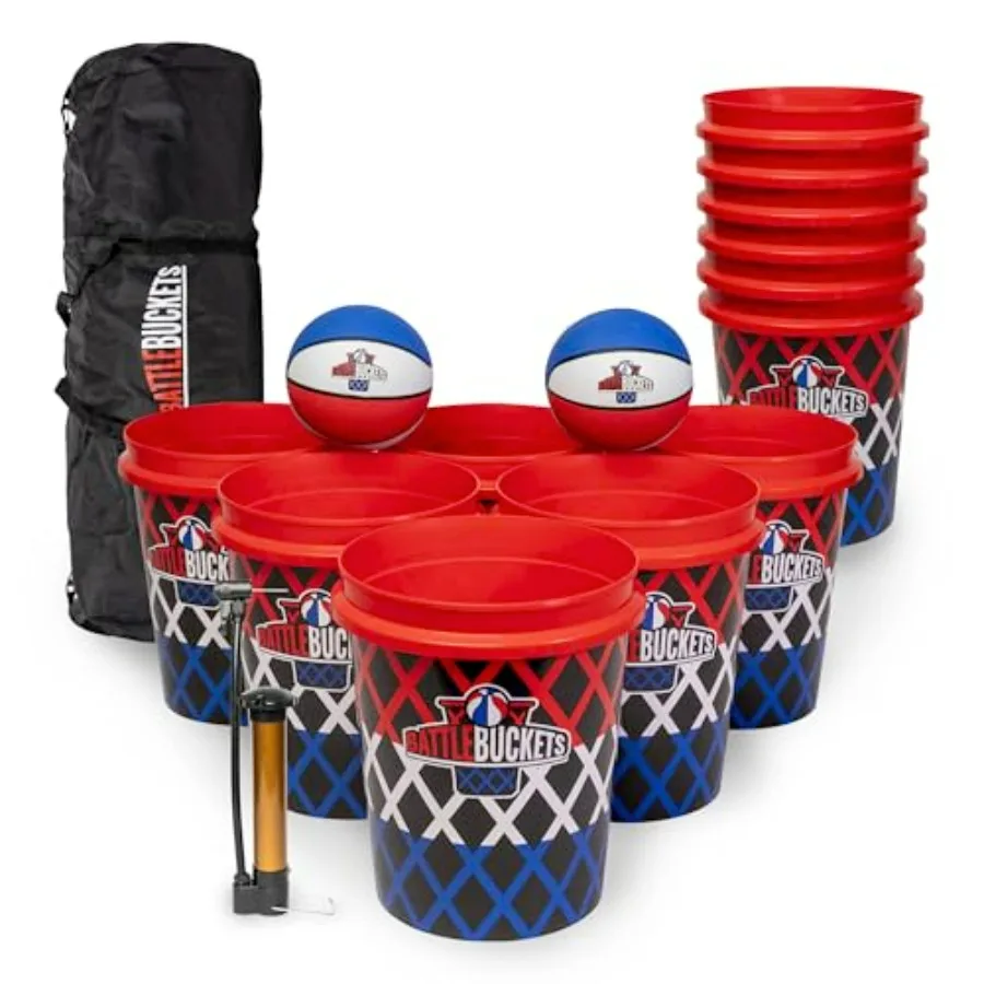 Outdoor lawn game with 12 durable plastic buckets, 2 inflatable balls, carrying bag, and air pump ideal for backyard, beach, an