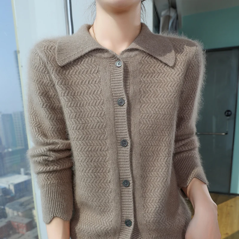 Maglione in cashmere visone 100% cardigan in maglia con risvolto da donna casual tinta unita top a maniche lunghe autunno inverno camicia calda spessa