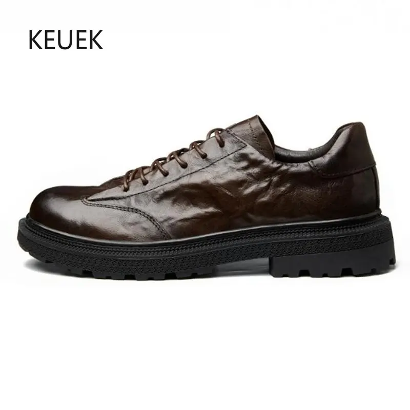 

New Luxury Fashion Business Casual Leather Shoes Men Lace-Up Genuine Leather Thick Sole Youth Work Dress Derby Shoes Flats