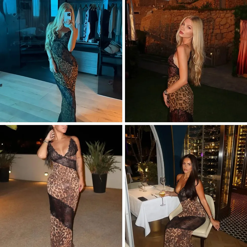 

Leopard Print Bodycon Dress for Women, Off-Shoulder Backless Lace Patchwork Slim Party Gown