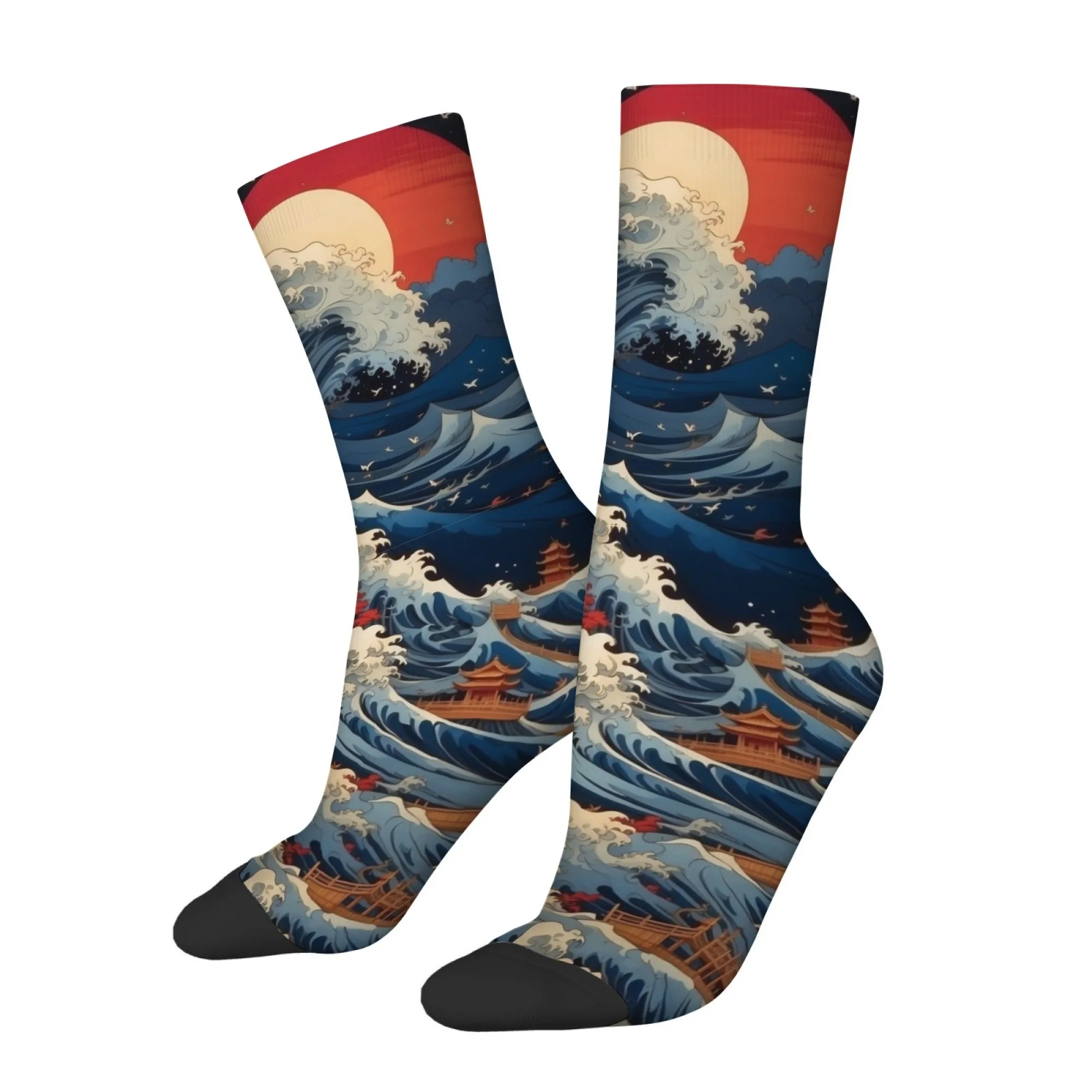 Japanese Ukiyo-e Kanagawa Print Men's Mid-calf Socks Comfortable Soft Breathable Retro Harajuku Cute Cartoon Style Socks