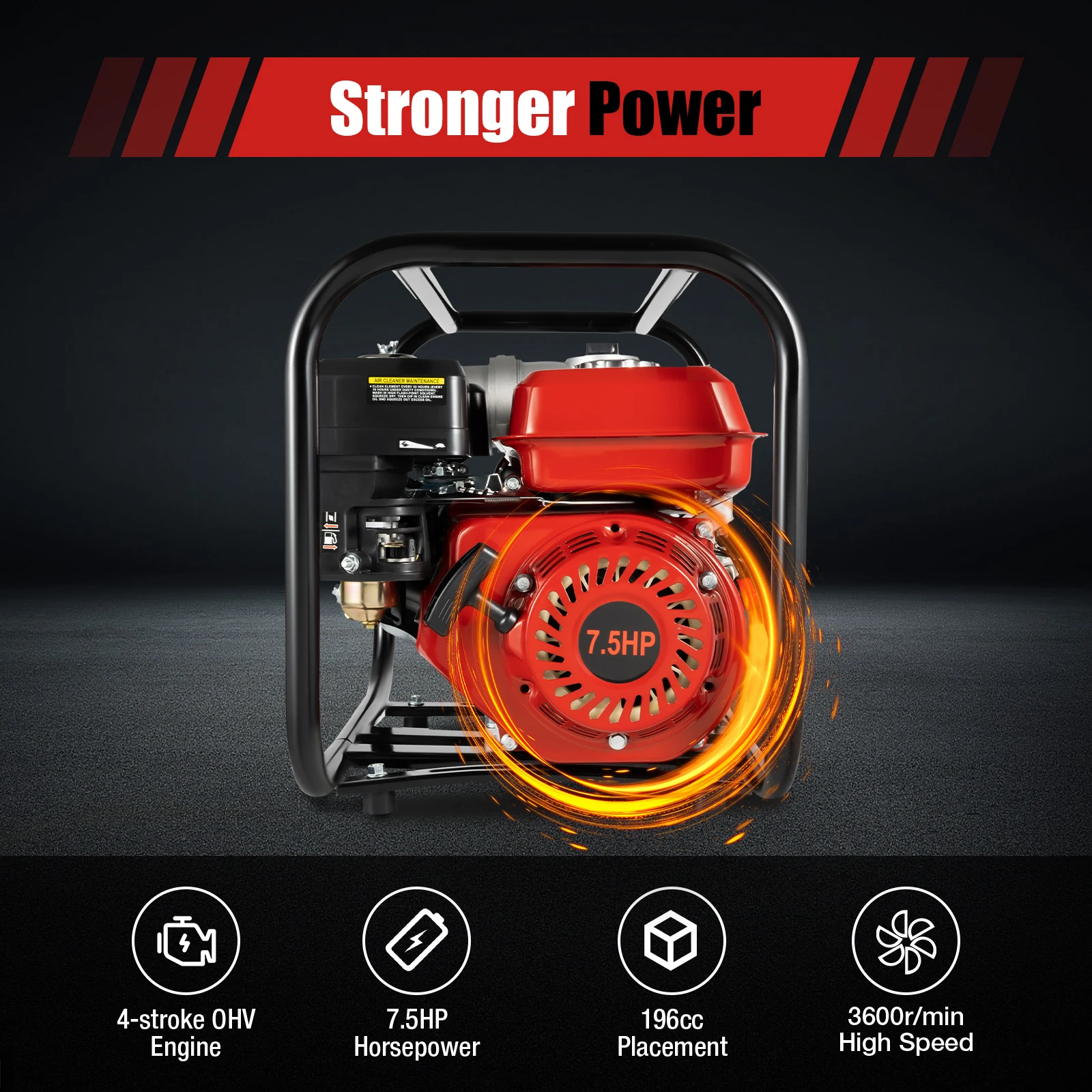 Bomba de Agua, Bomba de Riego Agrícola Roja de 3 Pulgadas y 7.5 HP, Motor de Gasolina de 4 Tiempos, Bomba de Alto Flujo, Transferencia de Agua para Granjas y Jardines