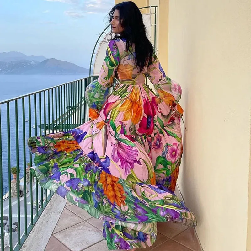 Ladies' Deep V Neck Lantern Sleeve One-Piece Swimsuit Beach Vacation Print Swimwear Beach Style Dress Women's Clothing