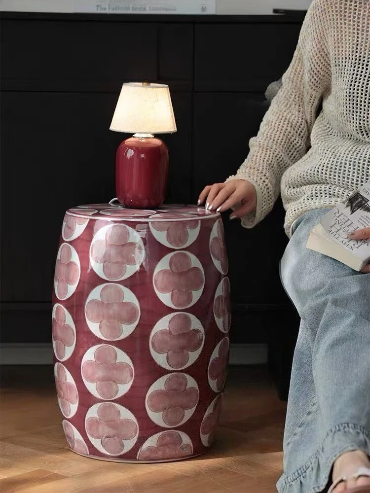 Home Furniture Hand Painted Clover Ceramic Drum Stool Multi-scene Art Side Table Ceramic Decor Stool Living Room Balcony Stools