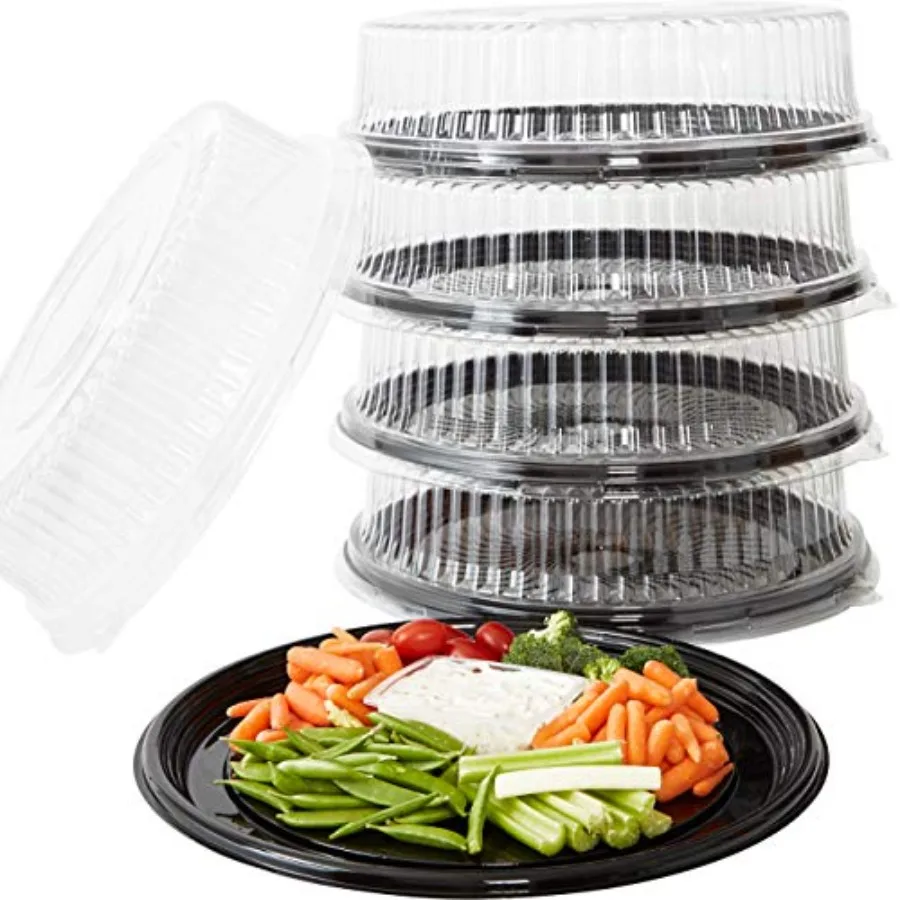 

Heavy Duty Recyclable 16 in. Serving Tray and Lid 5pk. Large Black Plastic Party Platters with Clear Lids Dishware Plate Elegan