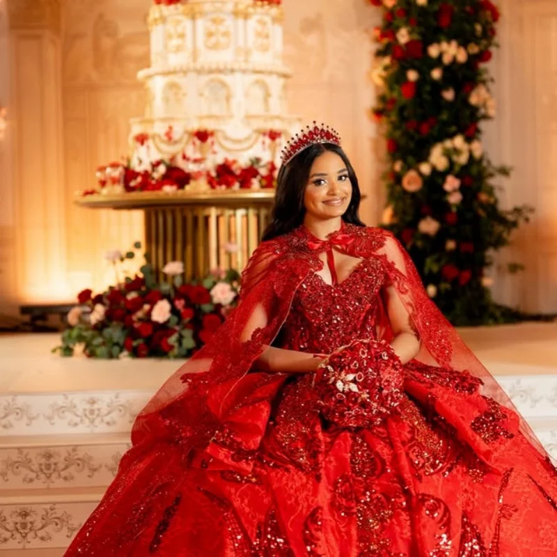 

Shiny Red Quinceanera Dress off-shoulder Glitter Flower Crystal Decal Layering Long tail Vestidos De 15 Quinceanera ﻿Customize