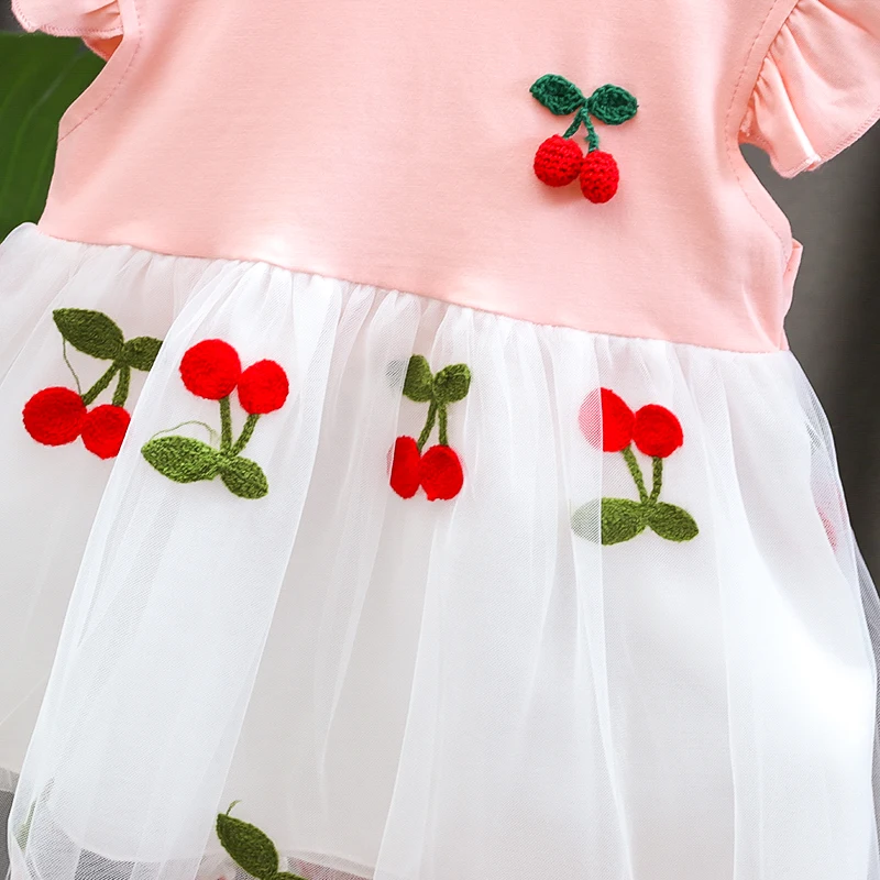 Baby Girl Summer Short-sleeved Dress small cherry embroidery mesh stitching dress girl princess