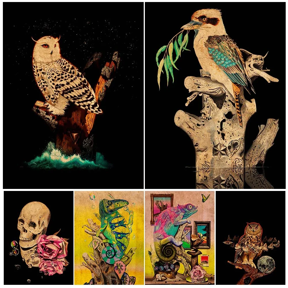 

Flower-Loving Bats And Lizards Vintage Wall Art Canvas Painting Owl,Frog,Rabbit,Mysterious Animal Art Poster And Print Decor