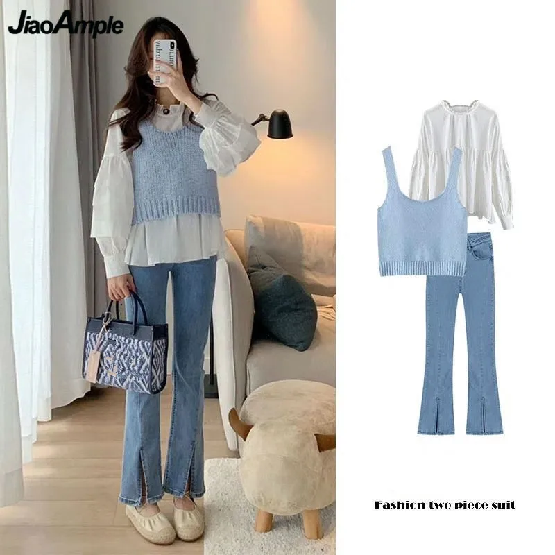 

Spring Autumn French Graceful Shirt Knit Vest Denim Flare Pants 1 or 3 Piece Set Korean Lady Fashion Joker Jeans Blouse Outfits