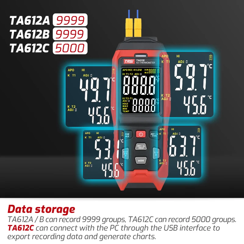 T9-TA612A/B/C Handheld K/J Thermocouple Thermometer -200~1372℃ Data Logger 9999 Records Single Channel with LCD Screen