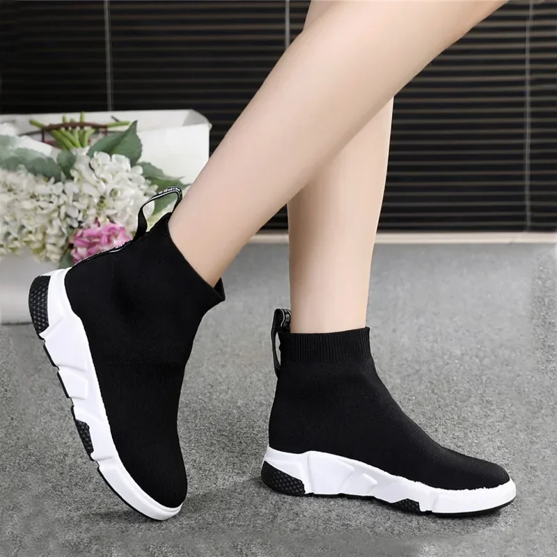 Thick Platform Shoes Women's Breathable Sneakers Woman Kint Casual Shoes Spring Autumn Ladies Outside Walk Vulcanize Shoe Black