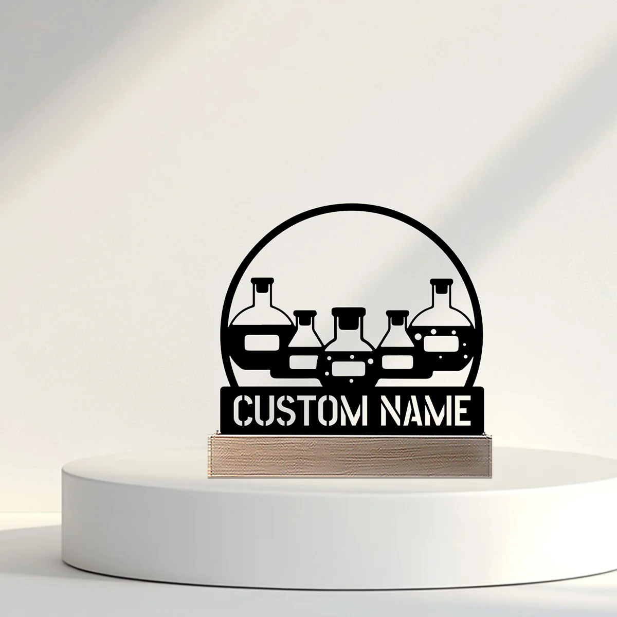 1pc Abstract Chemical instruments Custom Name Metal Statue With Wood Base Metal Ornament Metal Sculpture With Wood Base