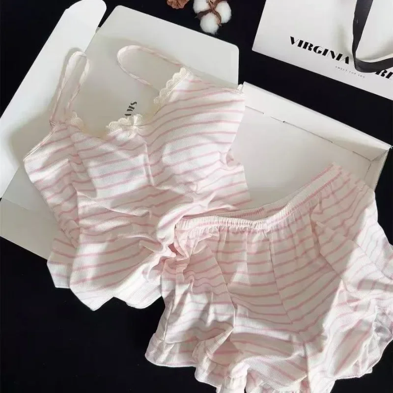 

Striped Women Pajamas Summer Sleepwear Spaghetti Strap Shorts Sets 2 Pieces Padded Night Wears Korean Sleeping Home Suit 2025