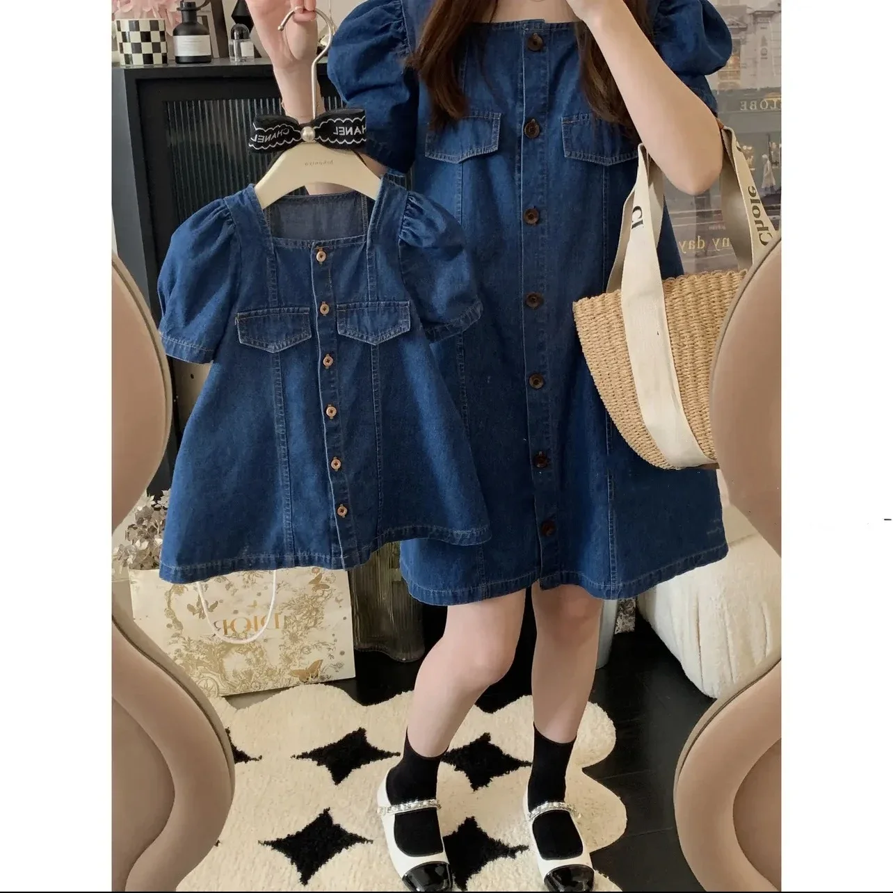 Mom Daughter Couple Look Denim Dress Mother and Girls Matching Equal Clothes Women Summer Blue Dresses Mommy and Baby Clothing