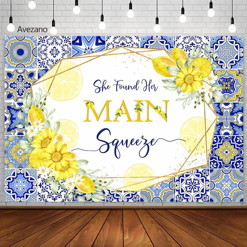 

Avezano Lemon Backdrop She Found Her Main Squeeze Blue Tile Bridal Shower Wedding Decoration Photography Background Photo Studio