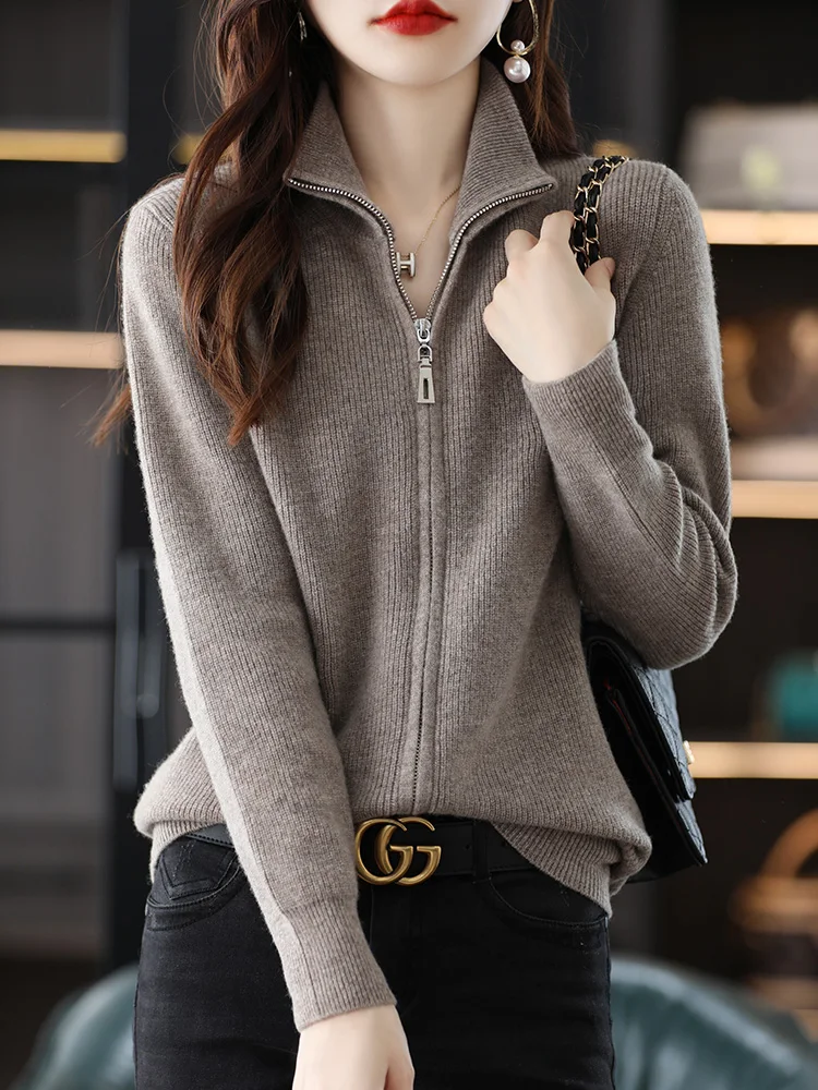 

Women's Zipper Cardigan 100% Merino Wool Sweater Autumn Winter Thick Long Sleeve Casual Cashmere Knitwear Korean Fashion Coat
