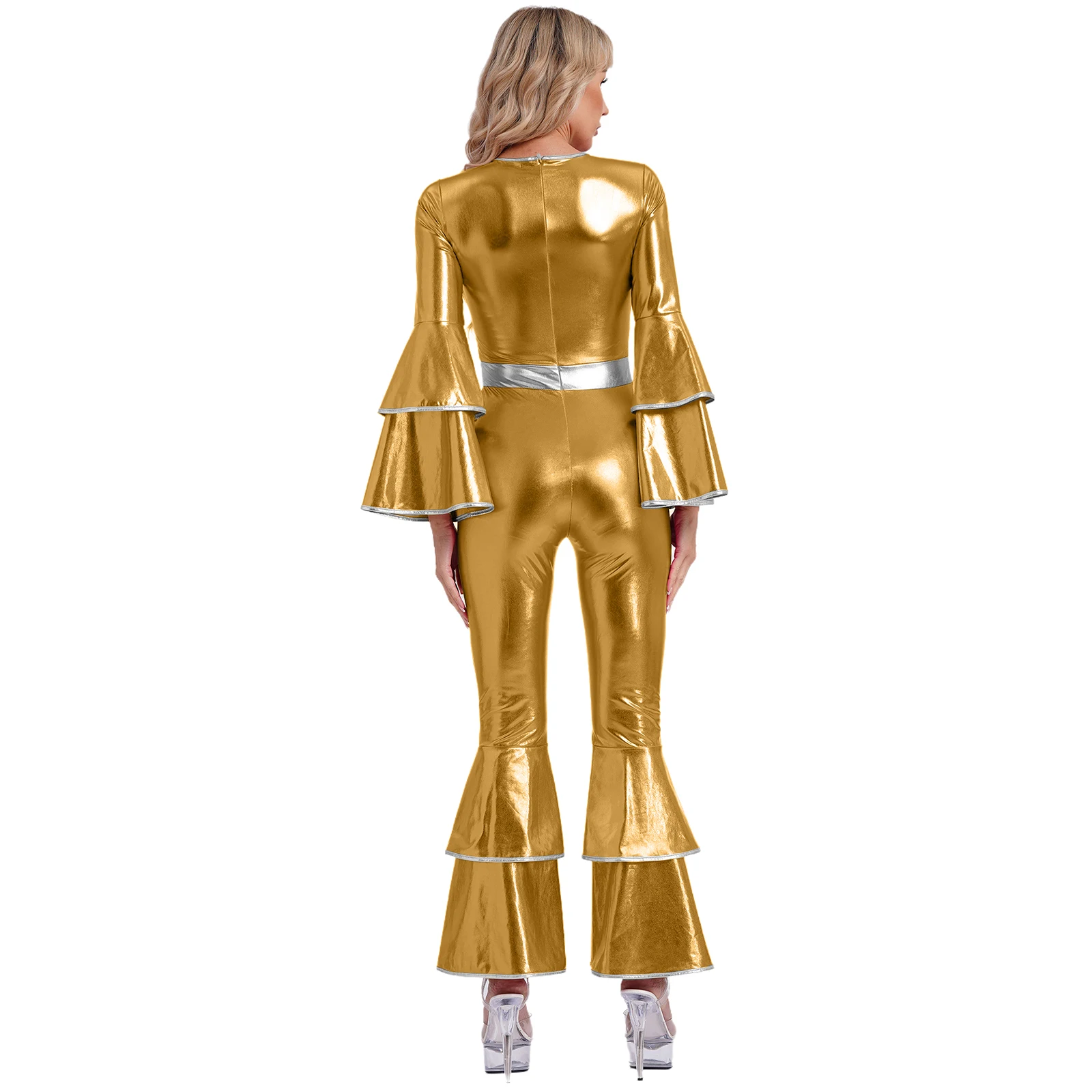 Womens Vintage 70S Disco Costumes Metallic Shiny Cosplay Jumpsuit Tiered Flare Sleeve Bell Bottom Hippie Romper Stage Dancewear