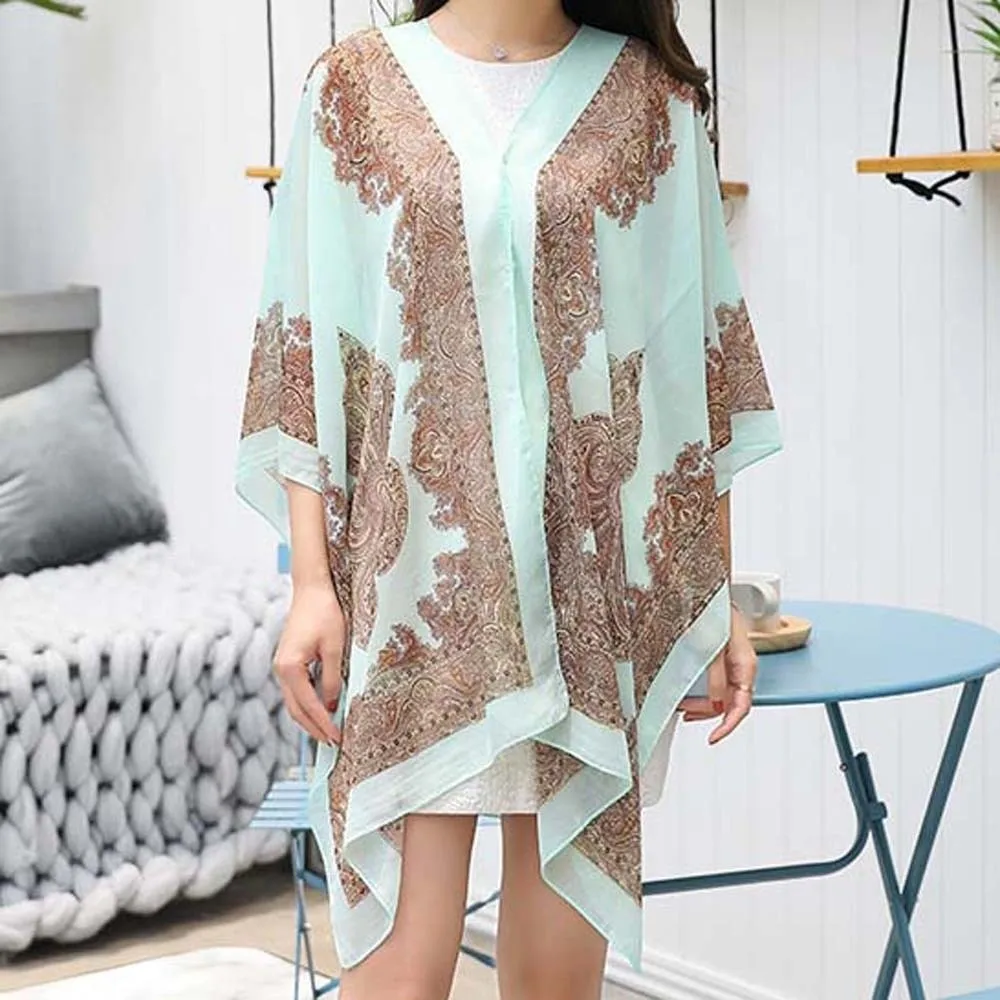 

Breathable Big Printed Flower Shawl with Buckle Long Sunscreen Thin Large Scarf Lightweight Polyester Seaside Vacation Cloak