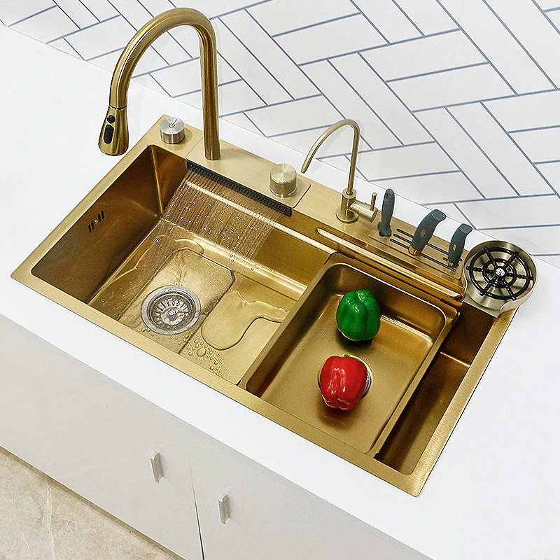 Waterfall Kitchen Sink Gold Stainless Steel Large Single Bowl Dishwasher Multifuctional With Knife Holder Wash Basin Sink Faucet