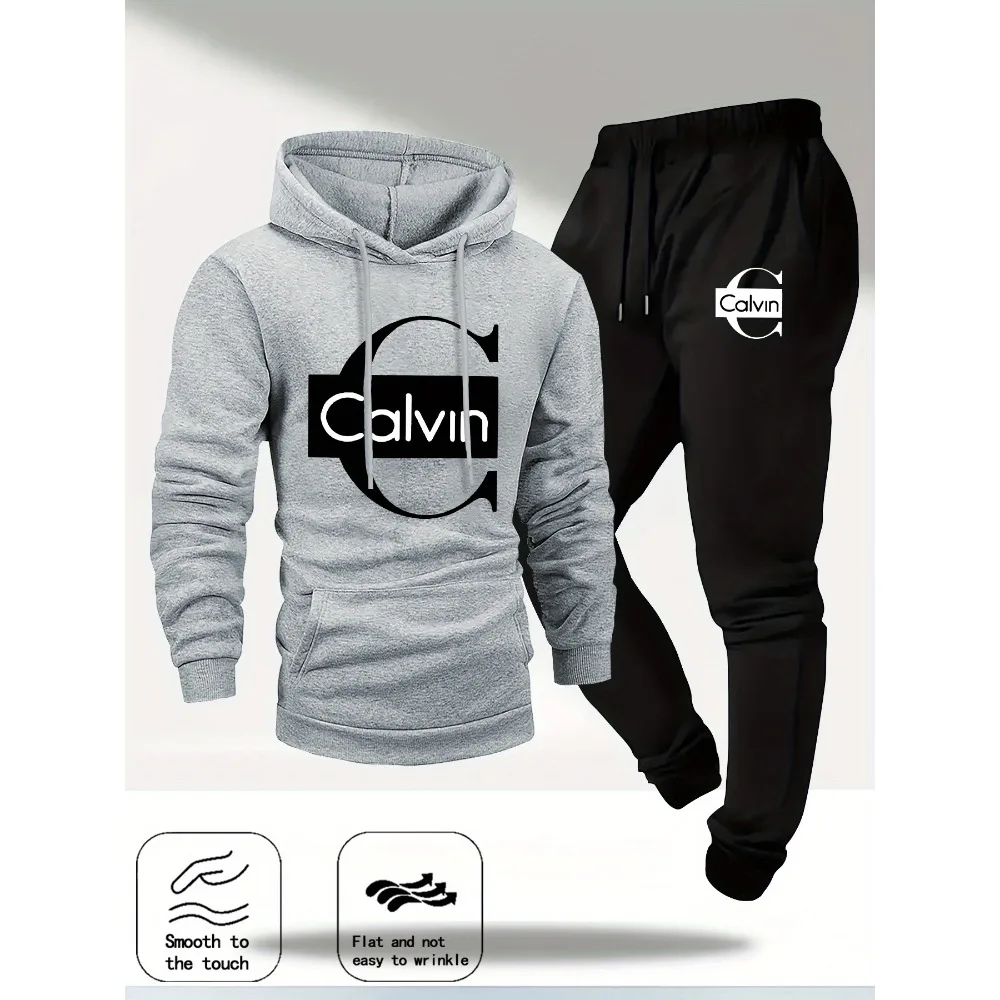 طقم مكون من قطعتين بغطاء للرأس بأكمام طويلة للرجال من كالفن، سترة رياضية كاجوال عصرية بقلنسوة