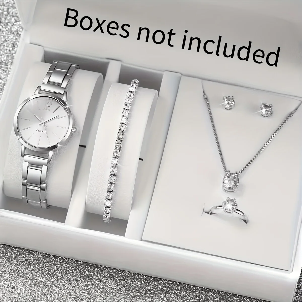 

Elegant 6-Piece Watch & Jewelry Set – Stainless Steel Quartz Timepiece with Sparkling Accessories – Perfect Gift for Her