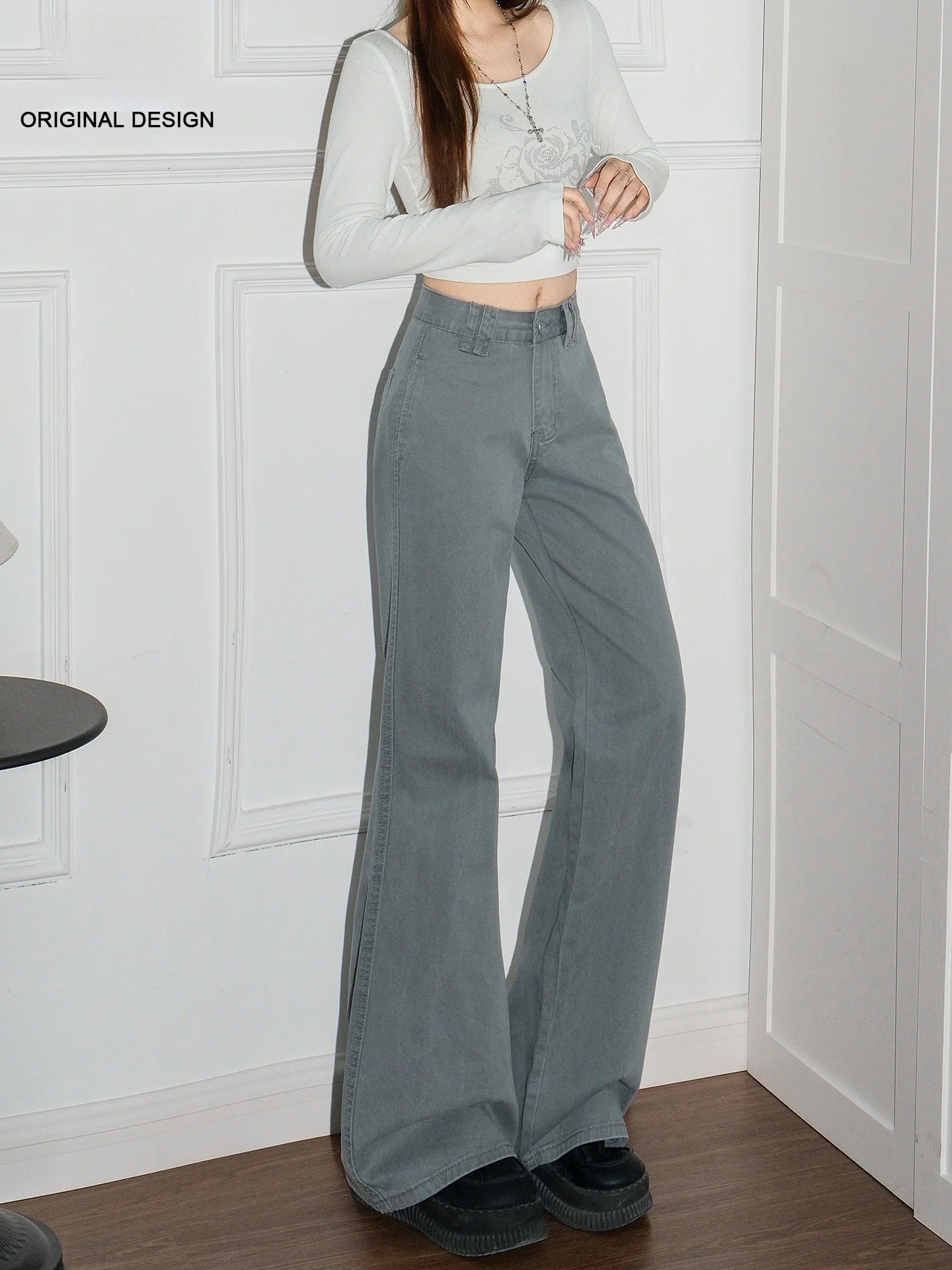 

Steel Grey Women's Loose Fit Micro Flare Jeans High Waist Casual Style Button Closure Denim Pants Spring Summer New Arrival