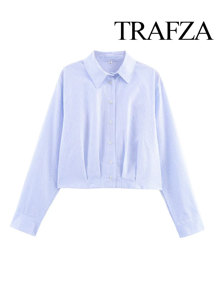 

TRAFZA Women's Fashion Versatile Waist Pleated Blue Striped Short Shirt Female Elegant Lapel Single-Breasted Long-Sleeved Shirt
