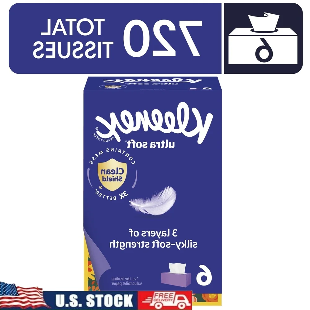 

Ultra Soft 3-Ply Facial Tissues Hypoallergenic 6 Boxes 720 Total Tissues Allergy Season Comfort Gentle Skin Clean Shield