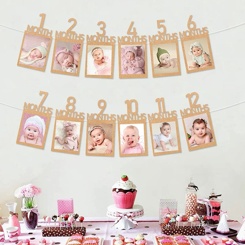Baby 1st birthday party 1-12 months photo birthday bunting kraft paper photo frame photo banner bunting