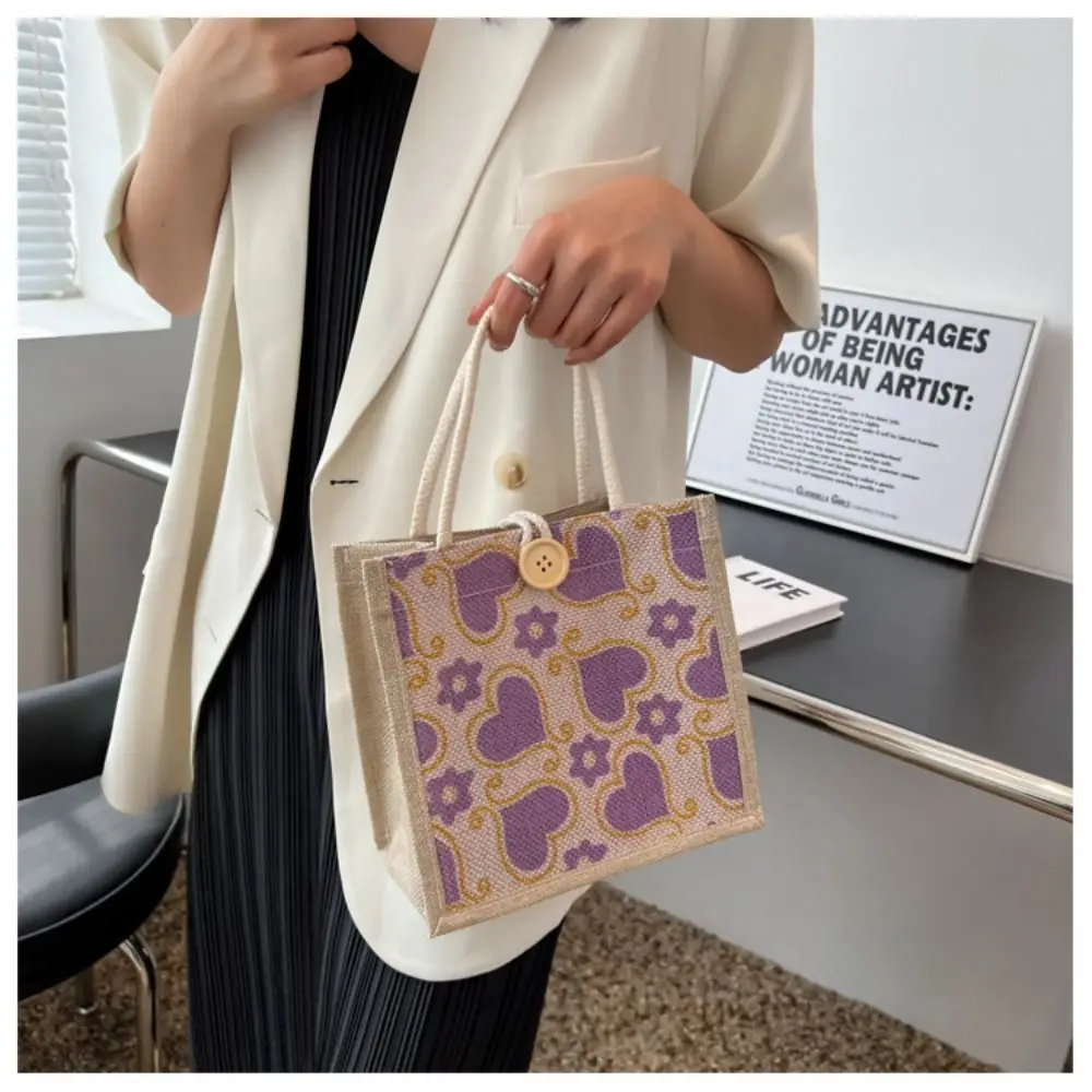 Women Linen Fabric Canvas Handbag Portable With Button Reusable Makeup Storage Small Tote Love Flower Print Lunch Bags