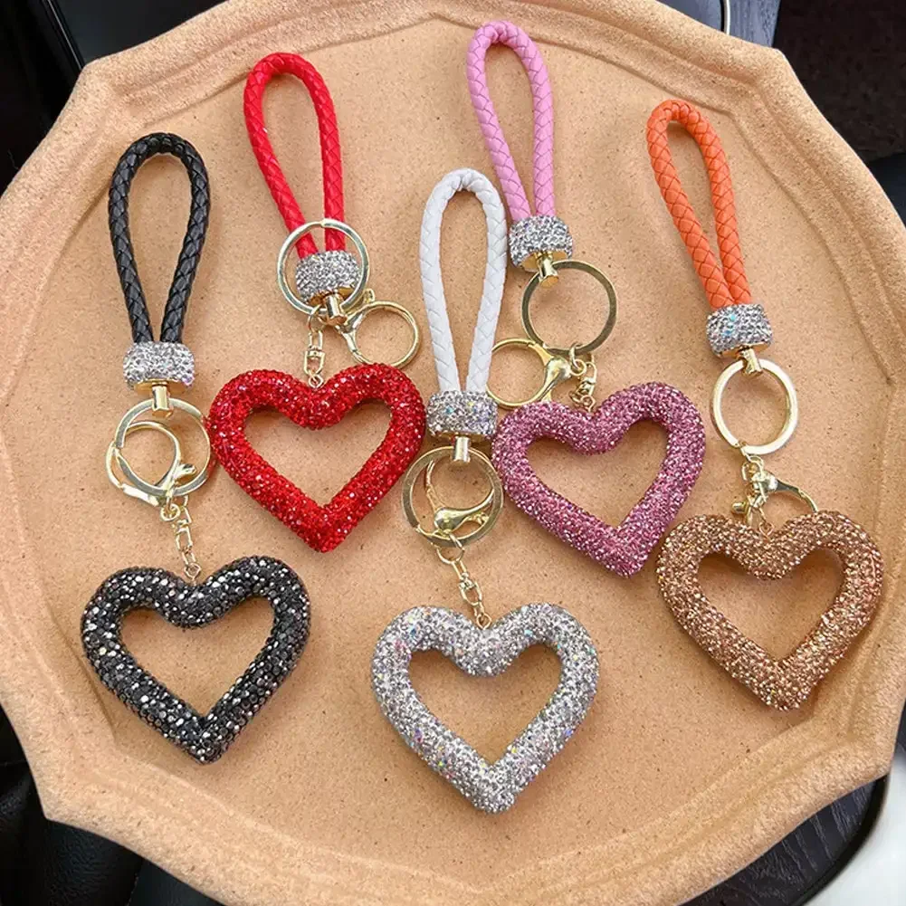 Car Hollow Love Key Rings Ceramic Clay Full Diamond Key Chain Leather Rope Sticking Water Diamond Key Pendant Simple Rings